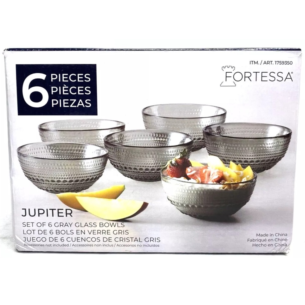 Fortessa Jupiter Smoke Gray Glass Bowl Set 6Pc Beaded Design Dishwasher Safe
